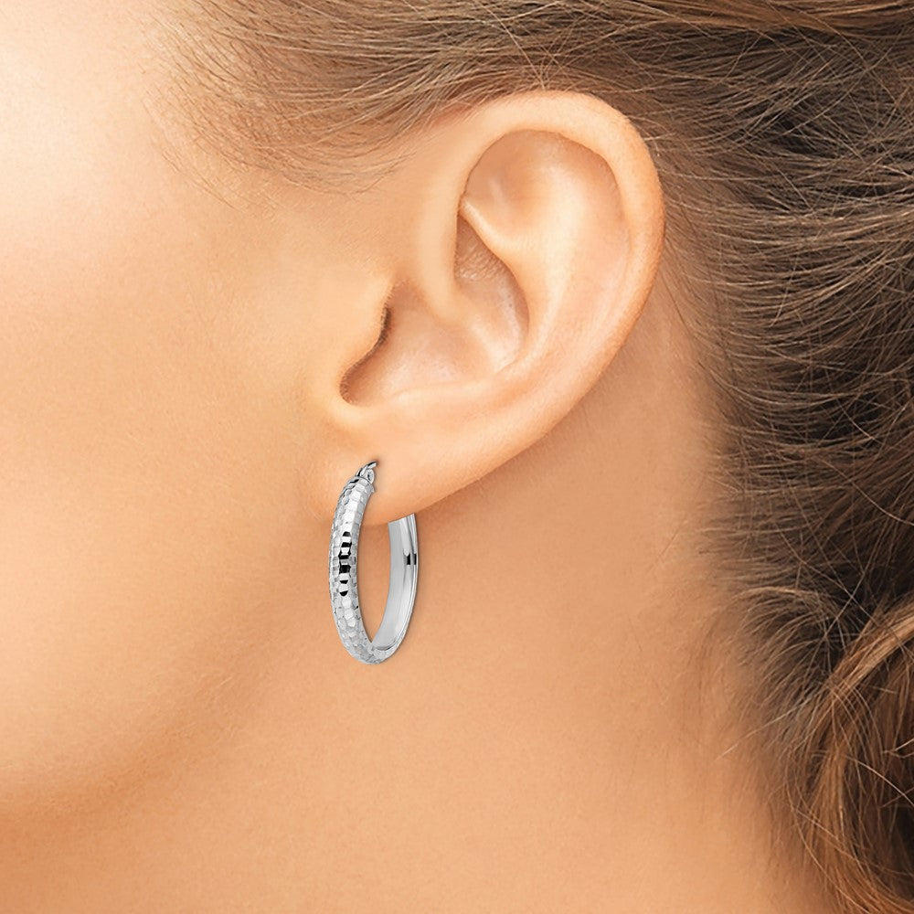10K White Gold Diamond-cut Oval Hinged Hoop Earrings