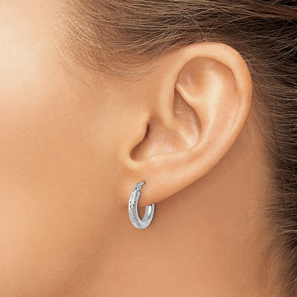 10K White Gold Diamond-cut 3mm Round Hoop Earrings