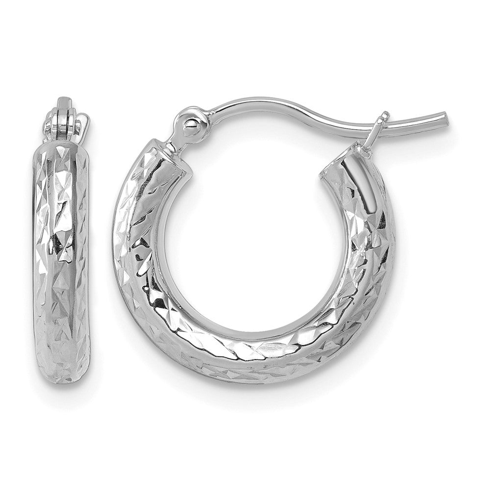 10K White Gold Diamond-cut 3mm Round Hoop Earrings