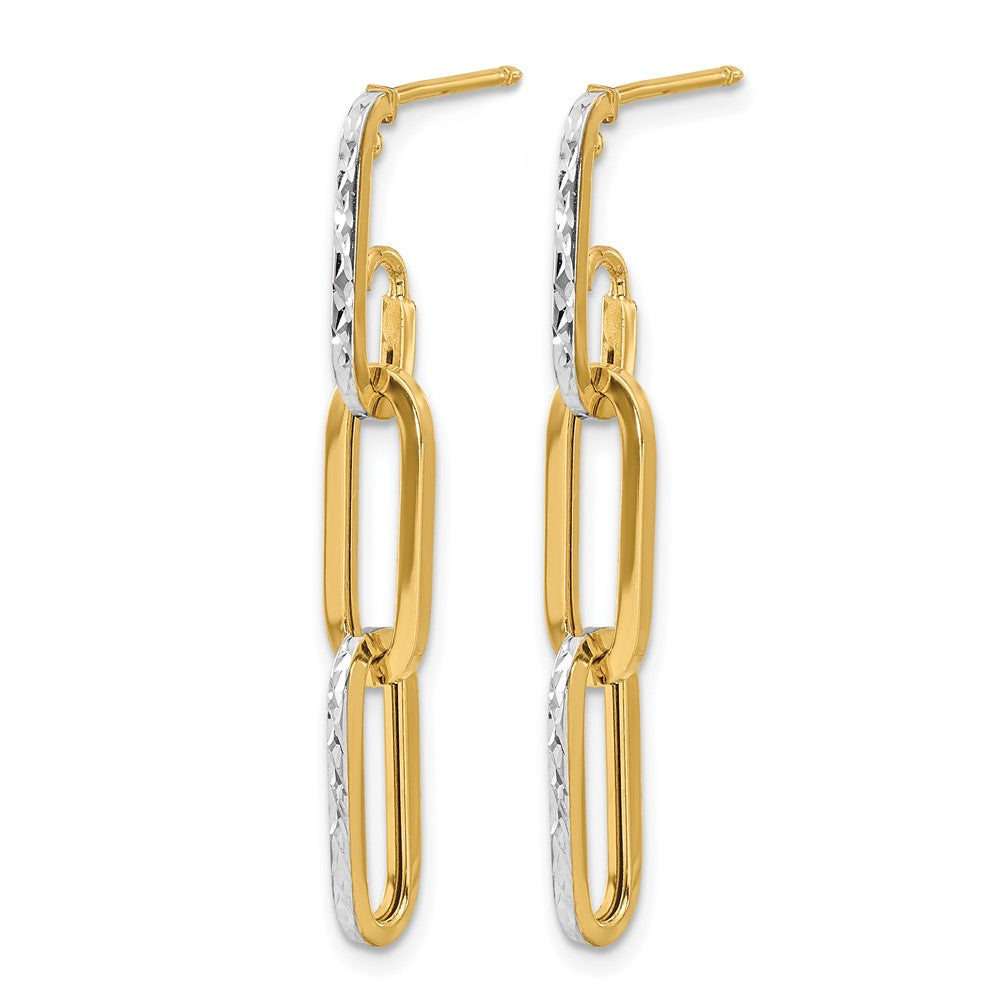 10K with White Rhod Polished/Dia-cut Link Dangle Earrings