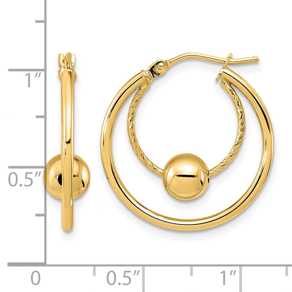 10K Polished Textured with 6mm Ball Hoop Earrings