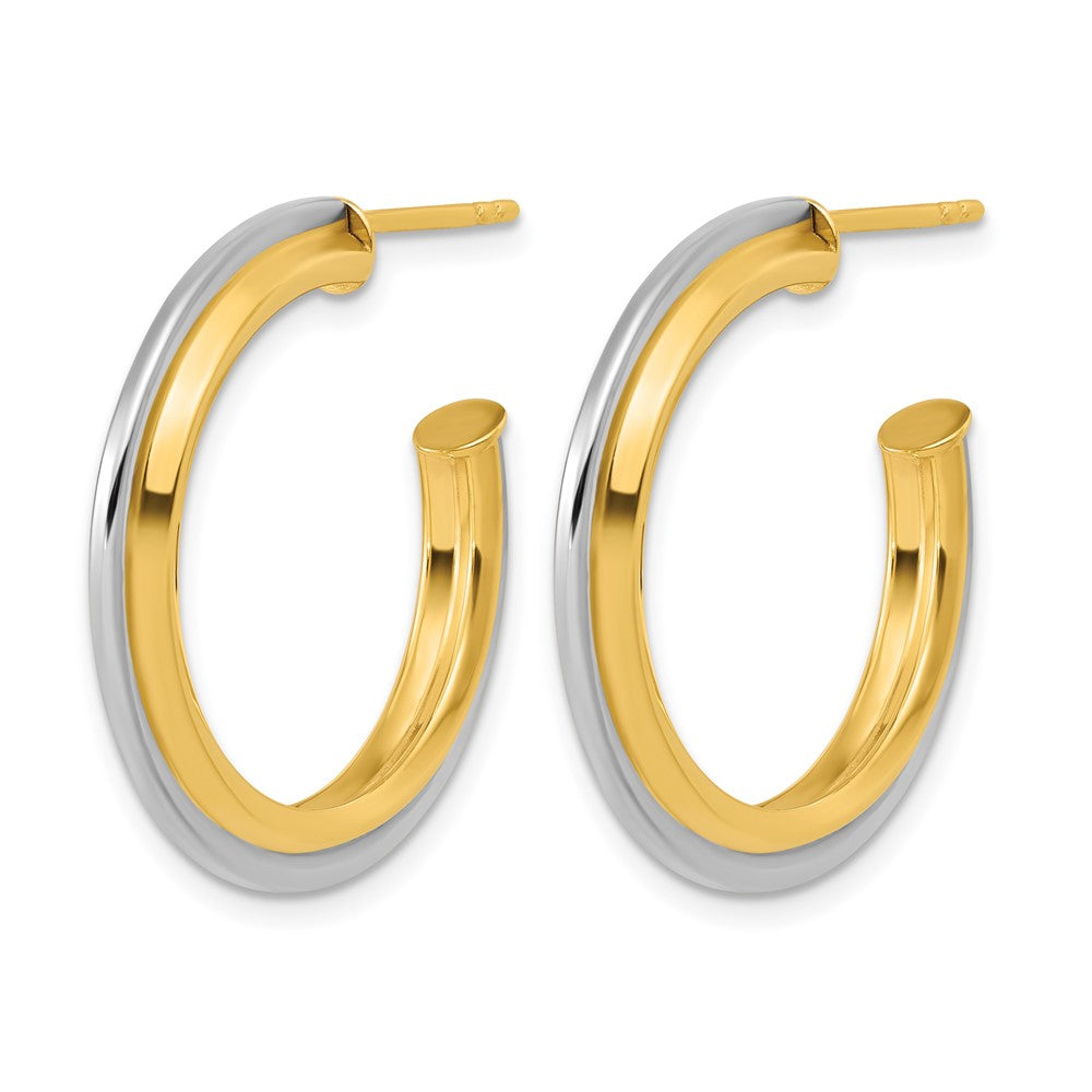 10K with Rhodium Polished and Grooved J-Hoop Post Earrings