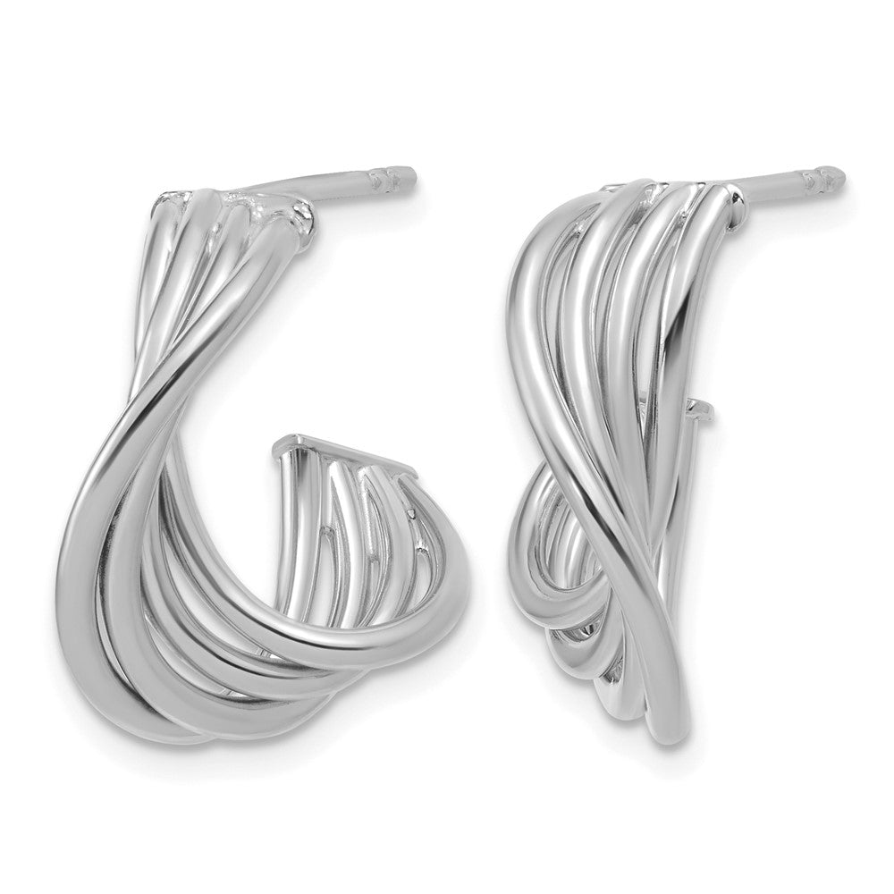 10K with Rhodium-plating Polished 3-Row Twist J-Hoop Post Earrings