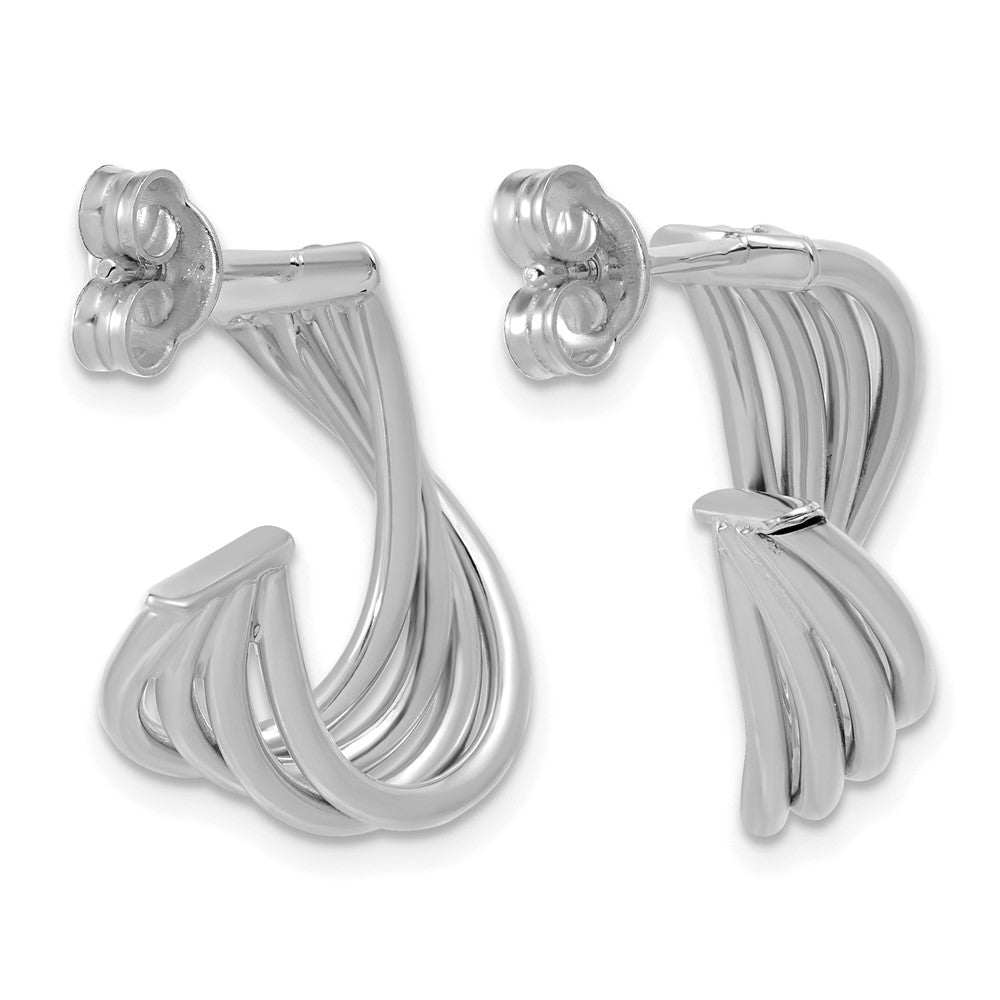 10K with Rhodium-plating Polished 3-Row Twist J-Hoop Post Earrings