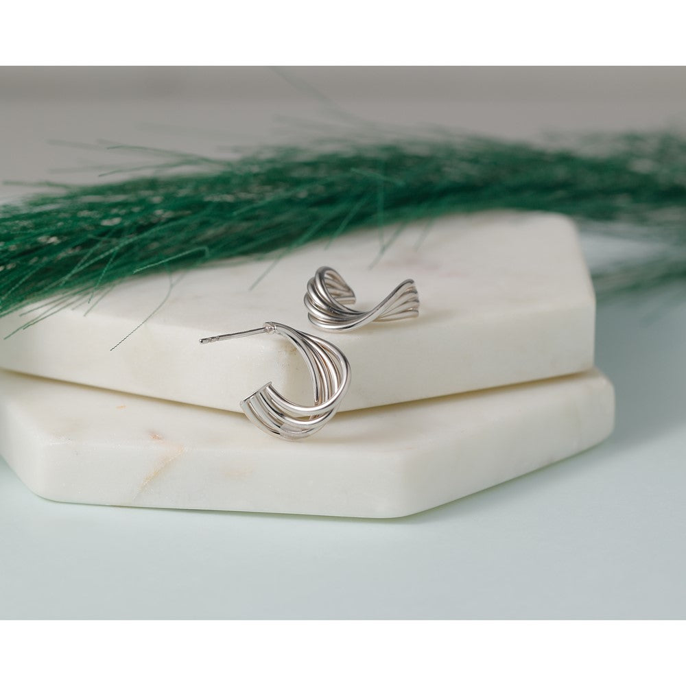 10K with Rhodium-plating Polished 3-Row Twist J-Hoop Post Earrings