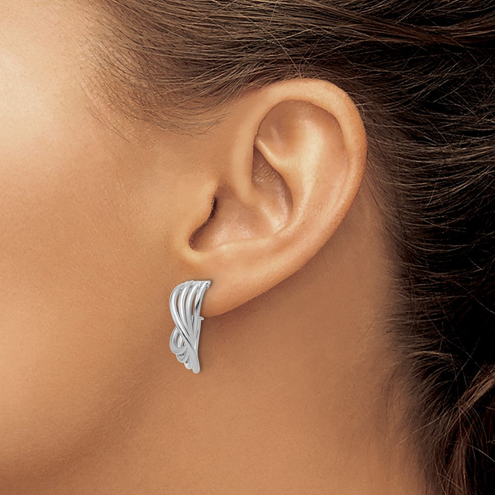 10K with Rhodium-plating Polished 3-Row Twist J-Hoop Post Earrings