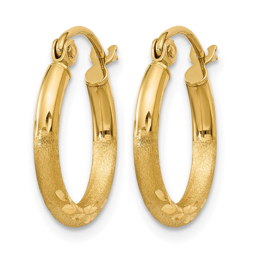 10K Satin and Diamond-cut 2mm Round Tube Hoop Earrings