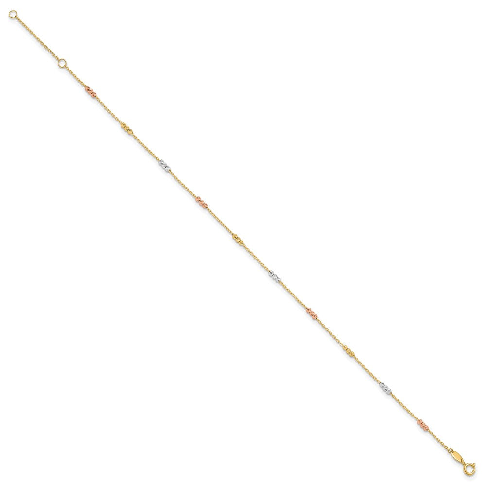10K Tri-color Polished with Diamond-cut Bead 9in Plus 1in. ext. Anklet