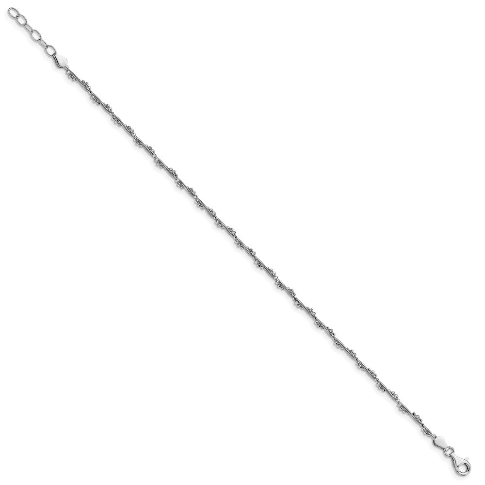 Sterling Silver Rhodium-plated Twisted Bead 10in + 1in ext. Anklet