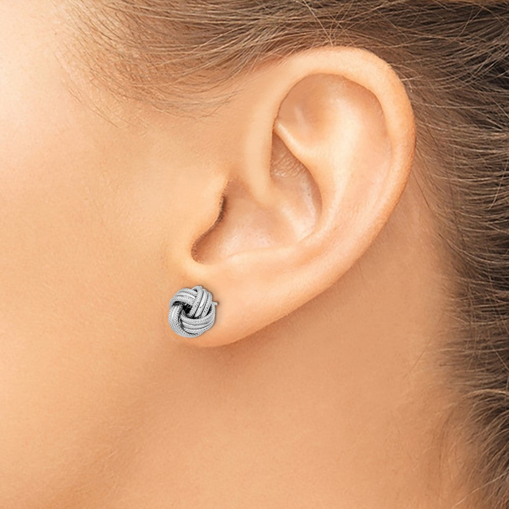 14K with White Rhodium Plating Knot Polished Diamond-cut Post Earrings