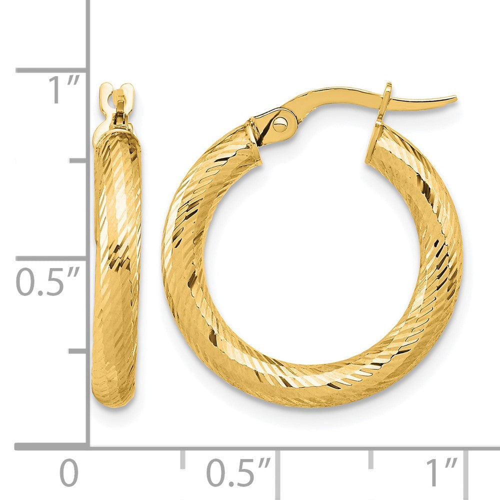 14K 3x15 Diamond-cut Round Hoop Earrings