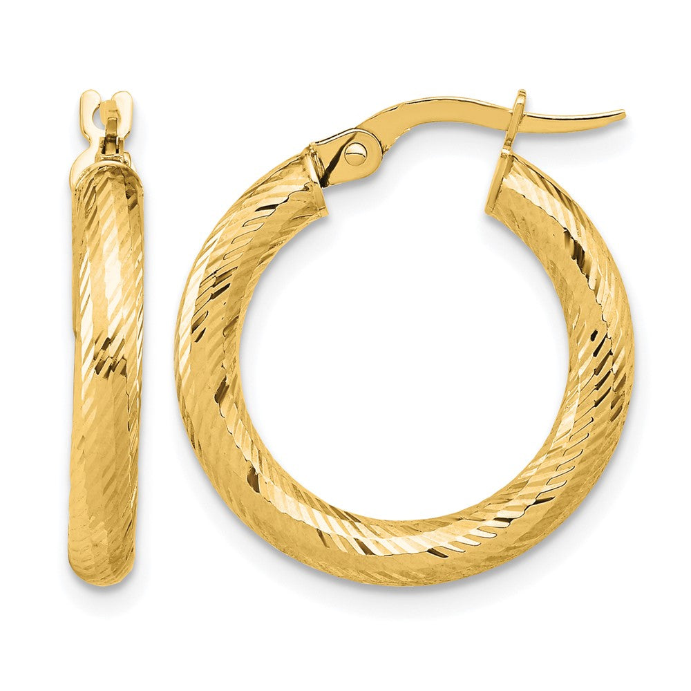 14K 3x15 Diamond-cut Round Hoop Earrings