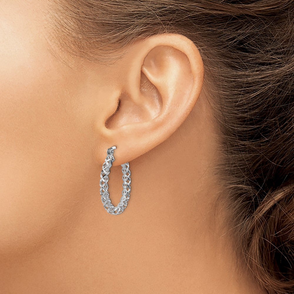 14K White Gold Polished Diamond-cut Hollow Hoop Earrings