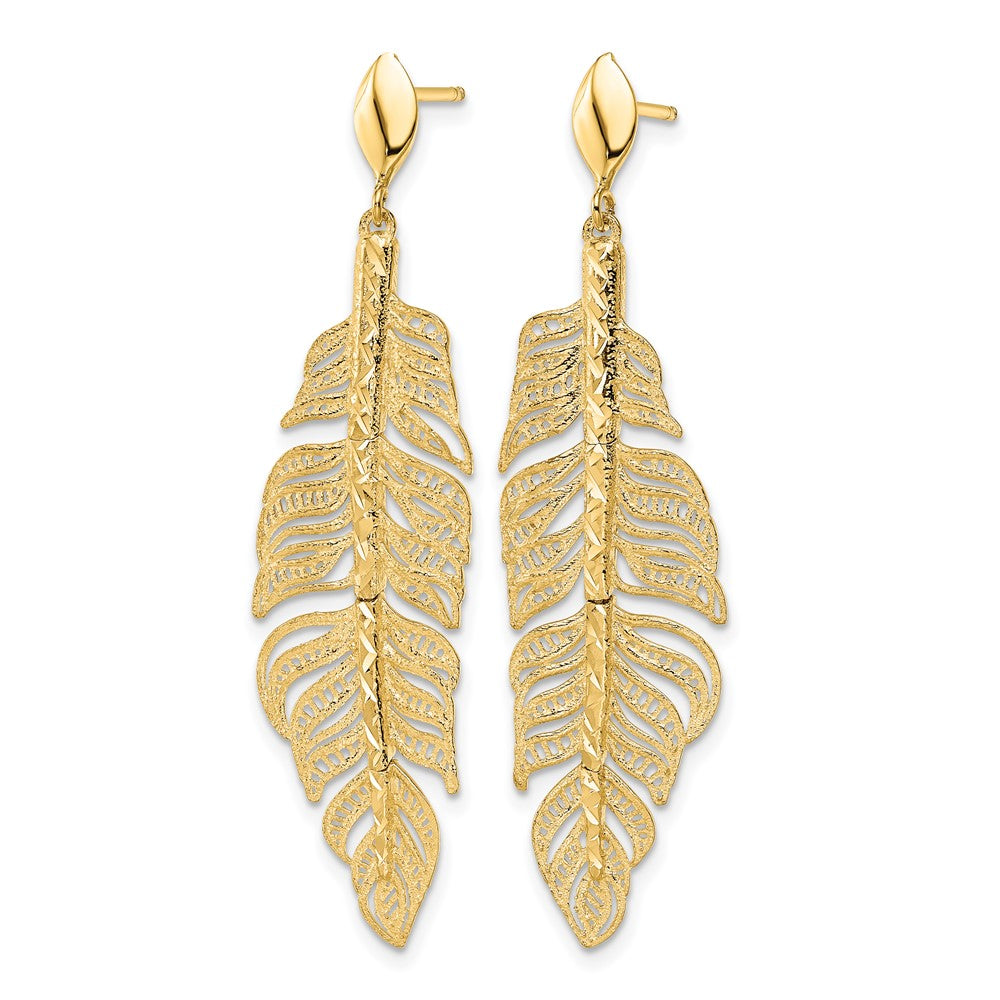 14K Polished Diamond-cut Textured Leaf Post Dangle Earrings