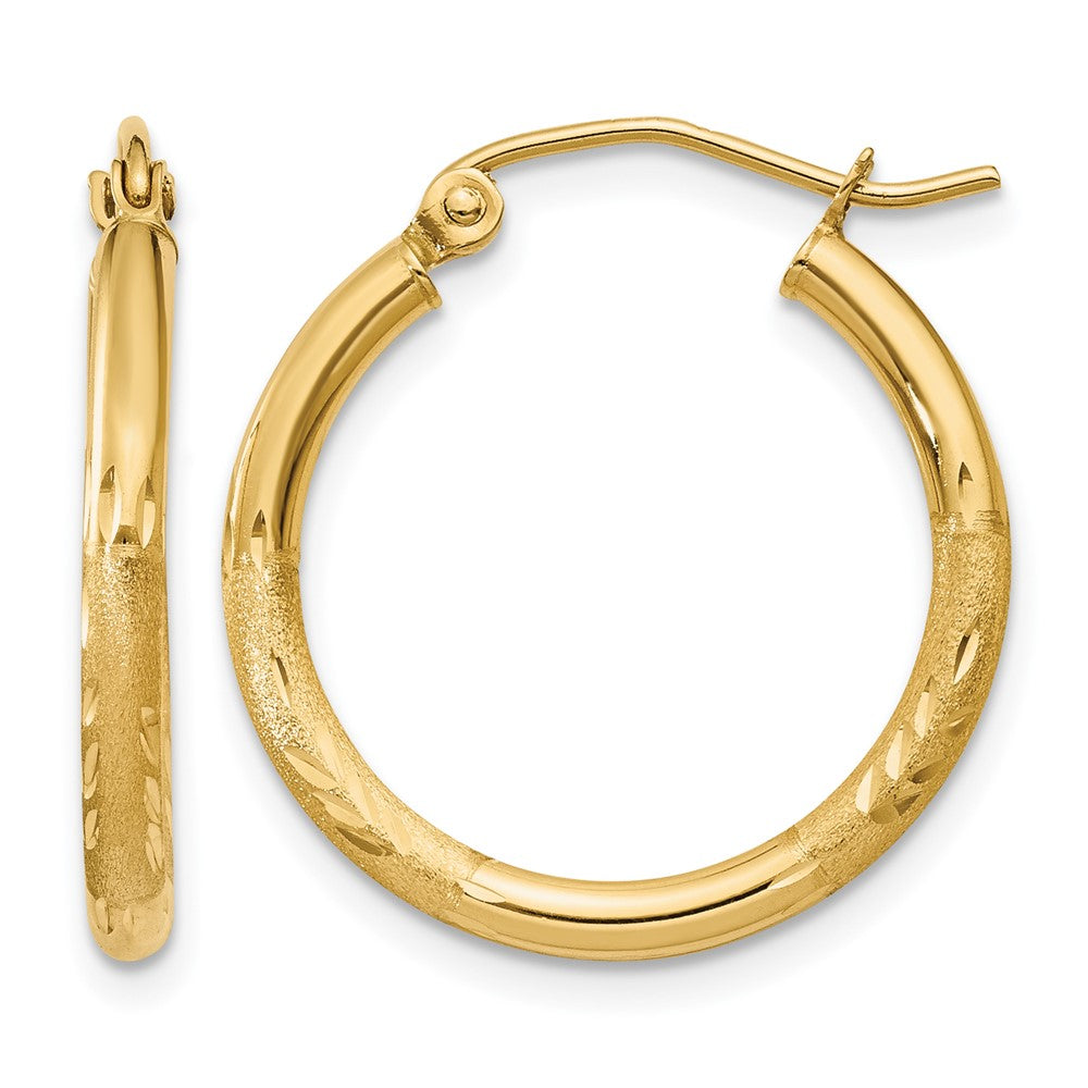 14K Satin and Diamond-cut 2mm Round Tube Hoop Earrings