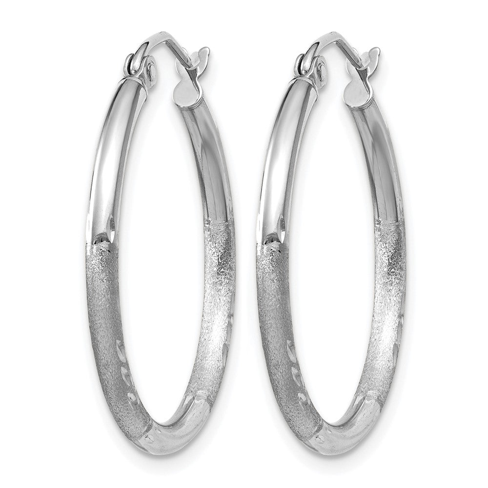 14K White Gold Satin and Diamond-cut 2mm Round Hoop Earrings
