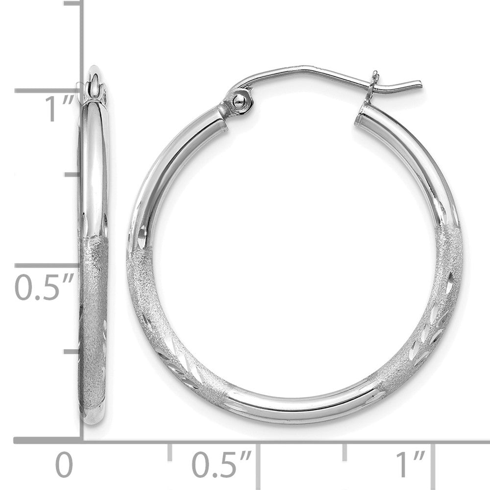 14K White Gold Satin and Diamond-cut 2mm Round Hoop Earrings