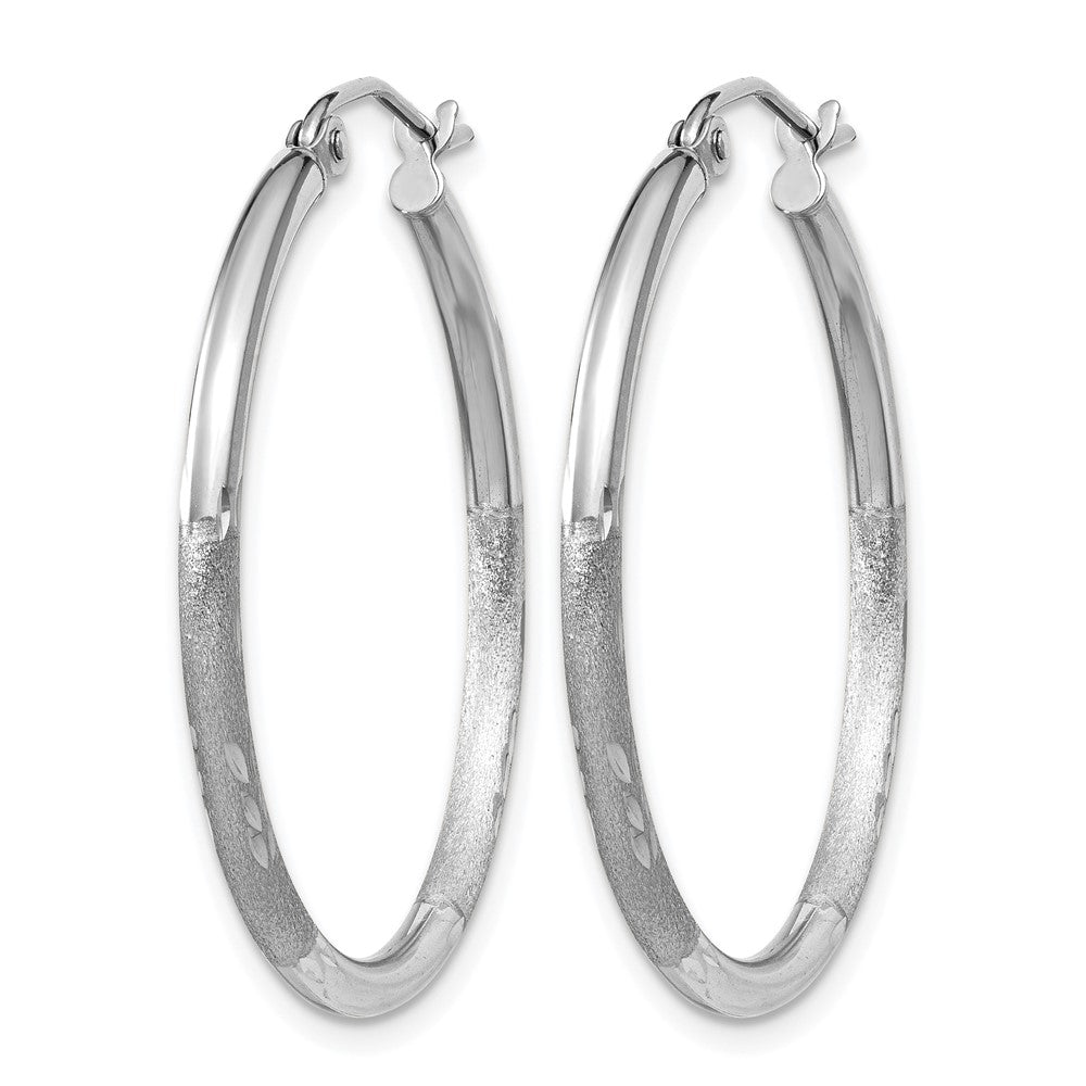 14K White Gold Satin and Diamond-cut 2mm Round Hoop Earrings