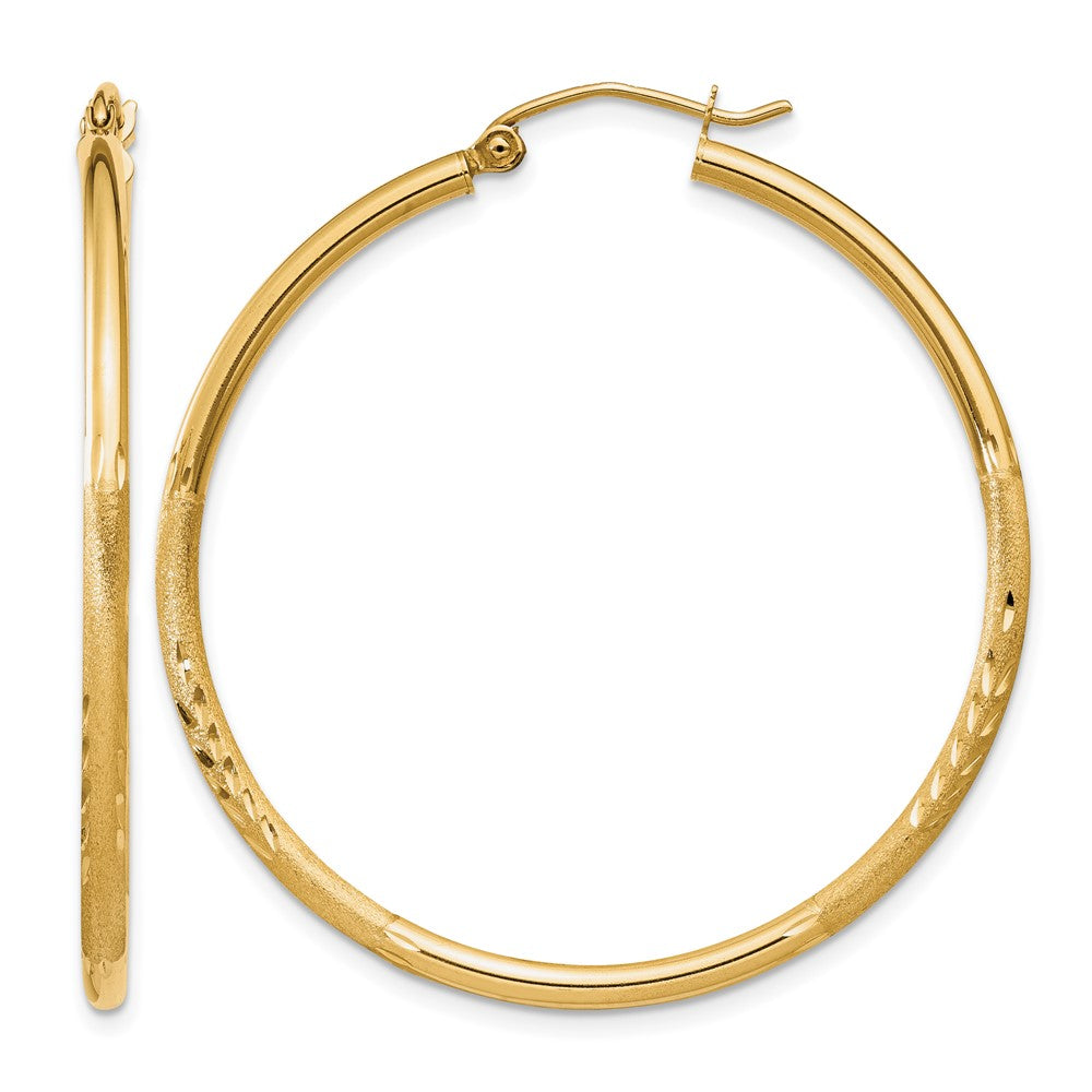 14K Satin and Diamond-cut 2mm Round Tube Hoop Earrings