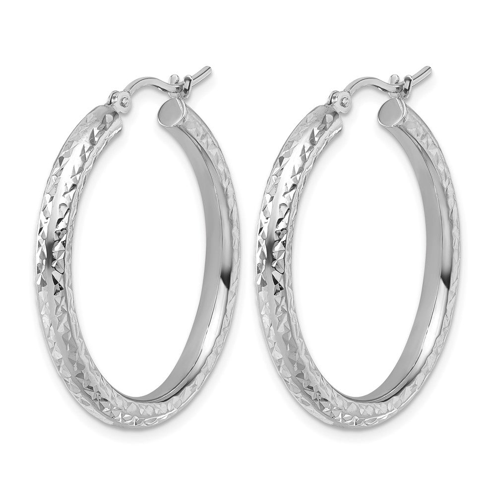 14K White Gold Diamond-cut 3mm Round Hoop Earrings