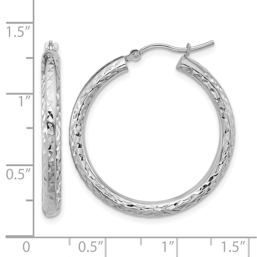 14K White Gold Diamond-cut 3mm Round Hoop Earrings