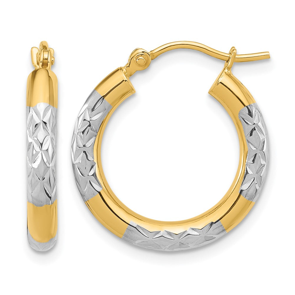 14K with Rhodium Diamond Cut 3mm Hoop Earrings