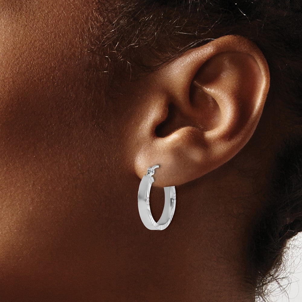 14K White Gold Small 3mm Diamond-cut Edge Polished Hoop Earrings