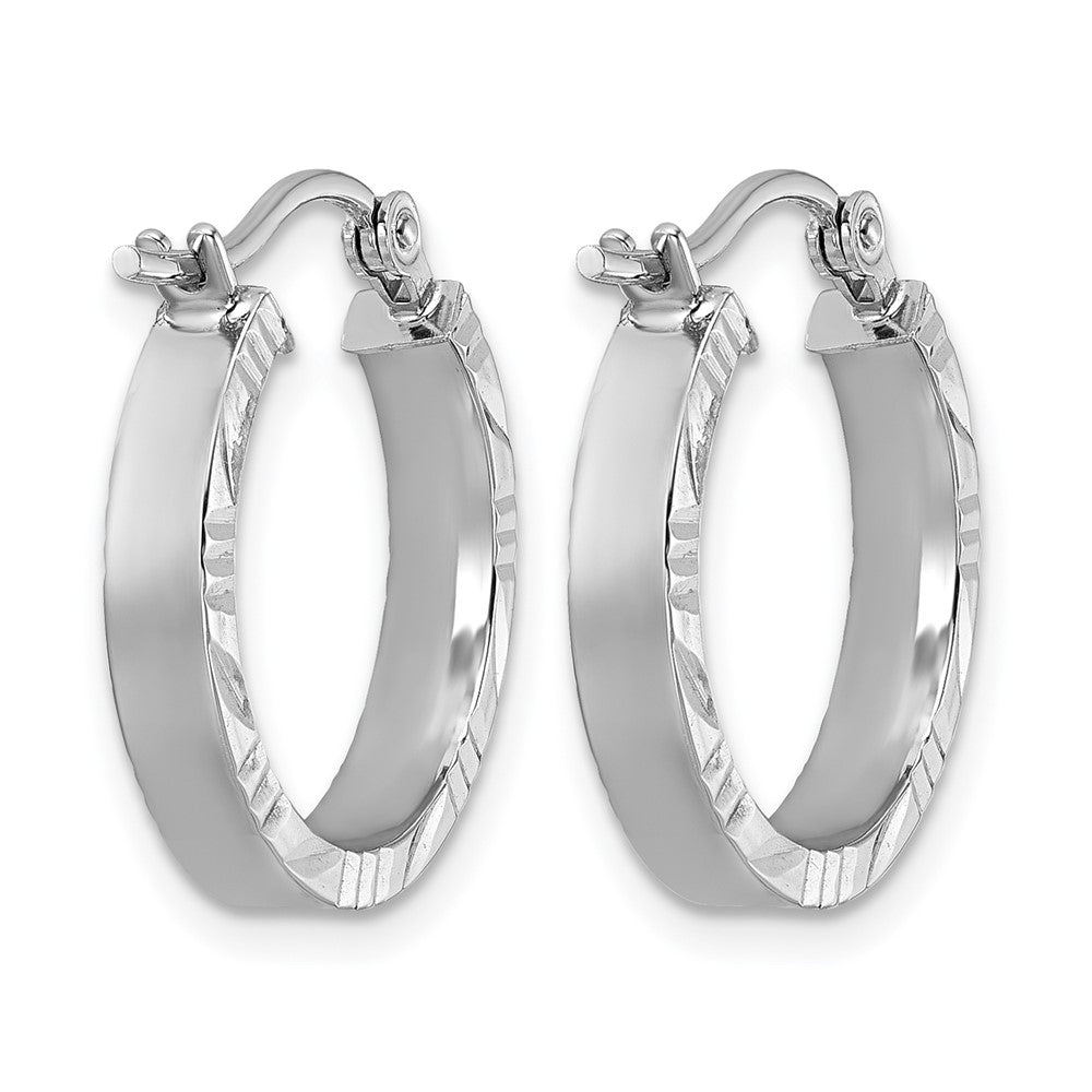 14K White Gold Small 3mm Diamond-cut Edge Polished Hoop Earrings