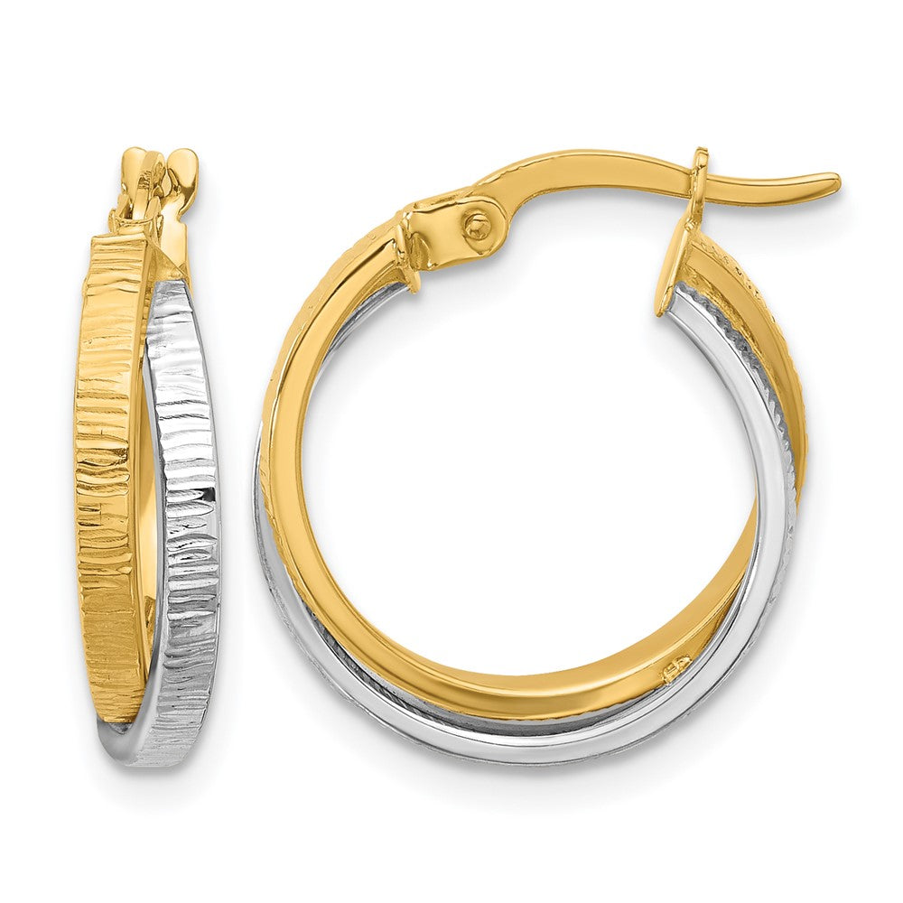 14K Two-tone Polished and Textured Bypass Hoop Earrings