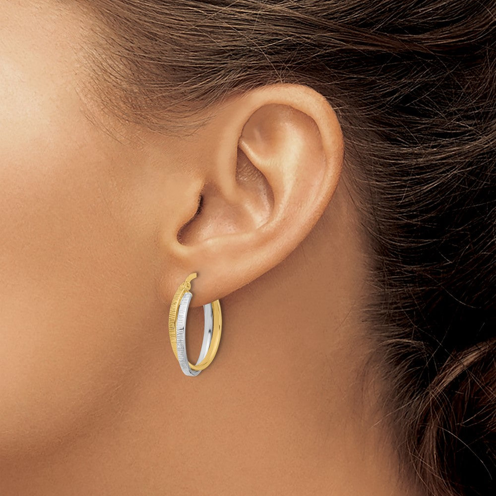 14K Two-tone Polished and Textured Bypass Hoop Earrings