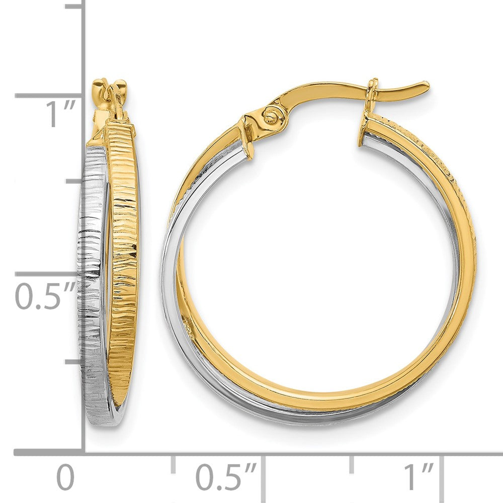 14K Two-tone Polished and Textured Bypass Hoop Earrings