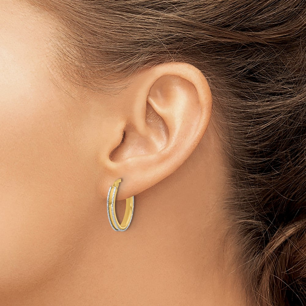 14K Two-tone Polished and Diamond-cut Oval Hoop Earrings