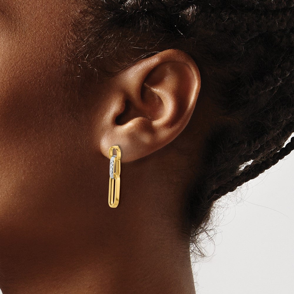 14K with Rhodium Polished and Diamond-cut Link Dangle Post Earrings