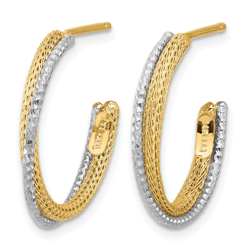 14K with Rhodium Polished/Textured/Dia-cut J-Hoop Earrings
