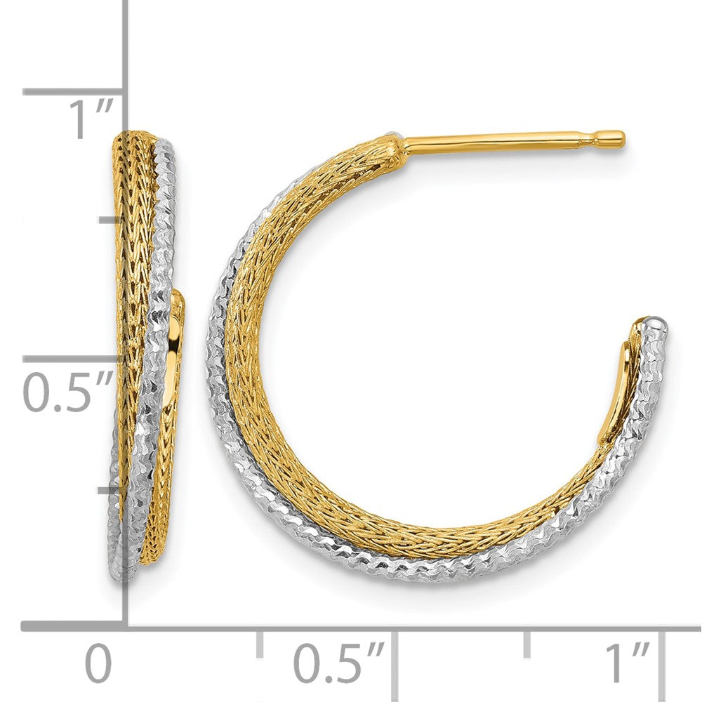 14K with Rhodium Polished/Textured/Dia-cut J-Hoop Earrings