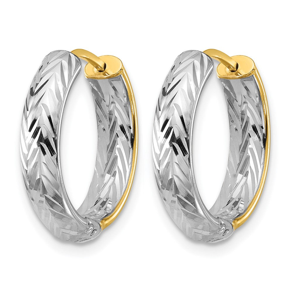 14K with Rhodium Polished/Dia-cut Hinged Hoop Earrings