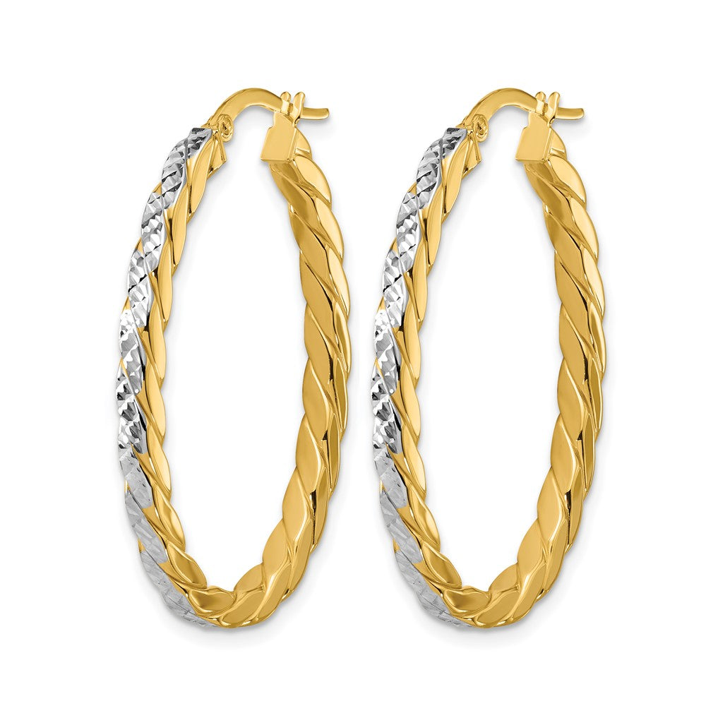 14K with Rhodium Polished and Dia-Cut Oval Hoop Earrings