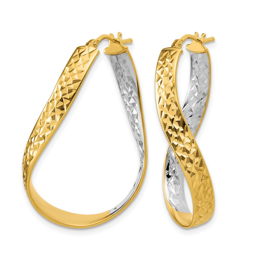 14K with Rhodium Polished/Diamond-cut Twist In and Out Hoop Earrings