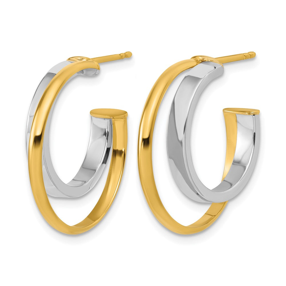 14K with Rhodium Polished 2-Row J-Hoop Post Earrings