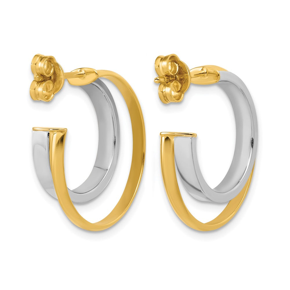 14K with Rhodium Polished 2-Row J-Hoop Post Earrings