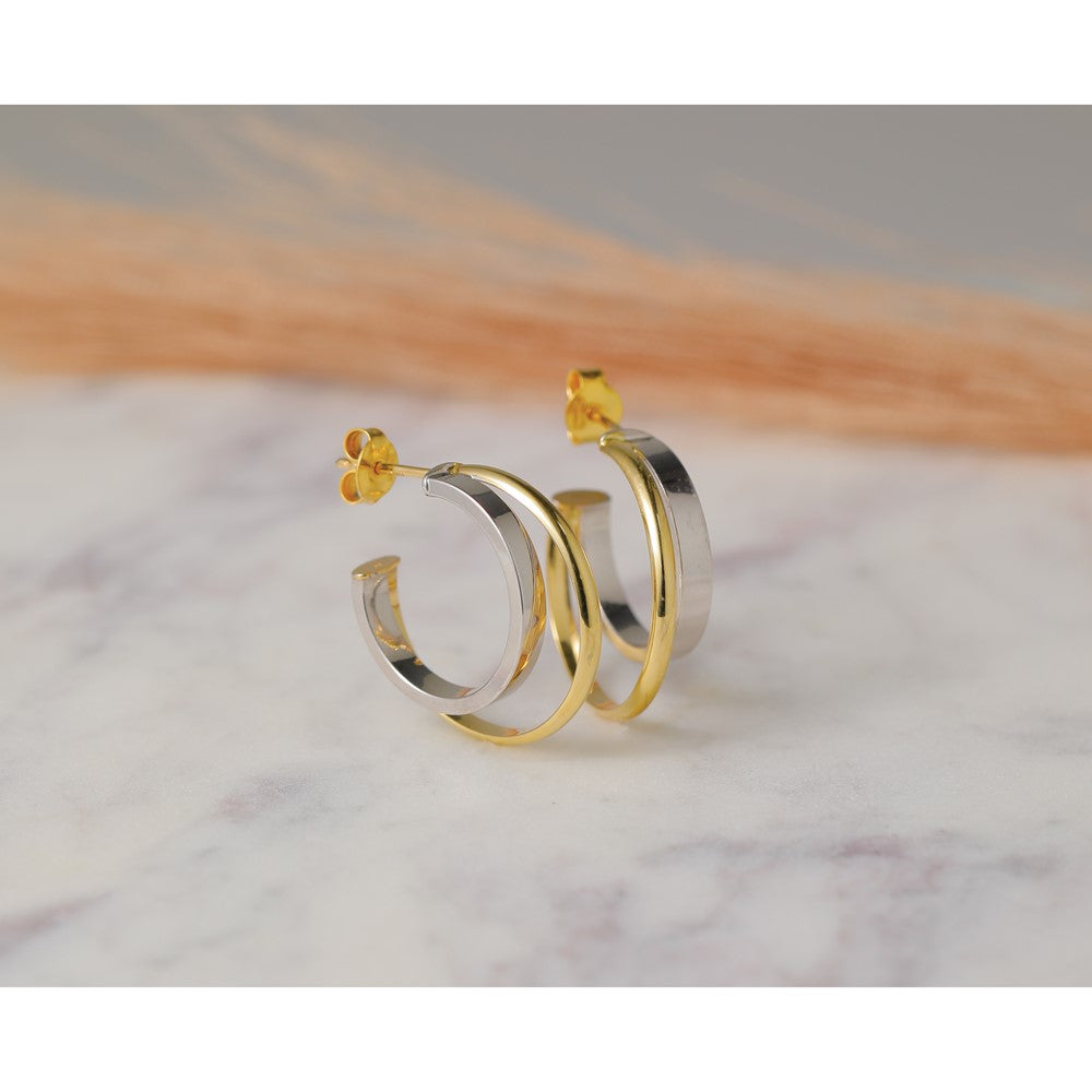 14K with Rhodium Polished 2-Row J-Hoop Post Earrings