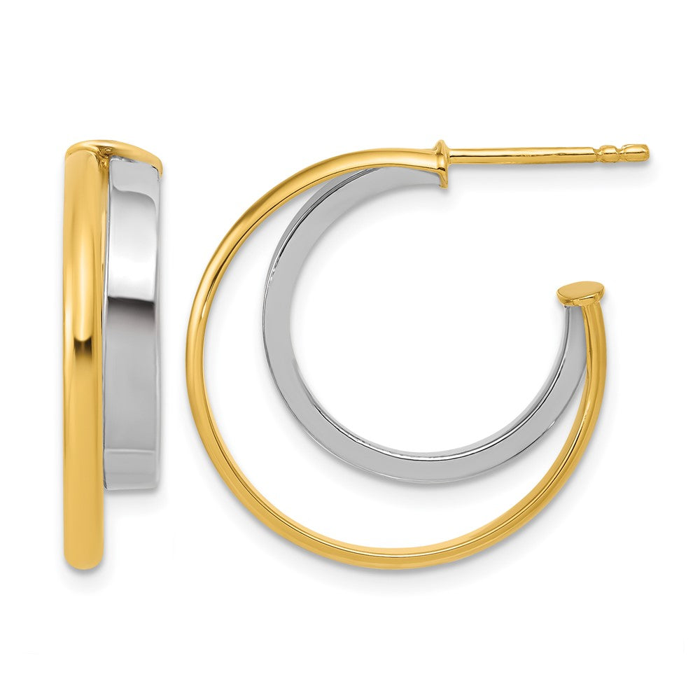 14K with Rhodium Polished 2-Row J-Hoop Post Earrings