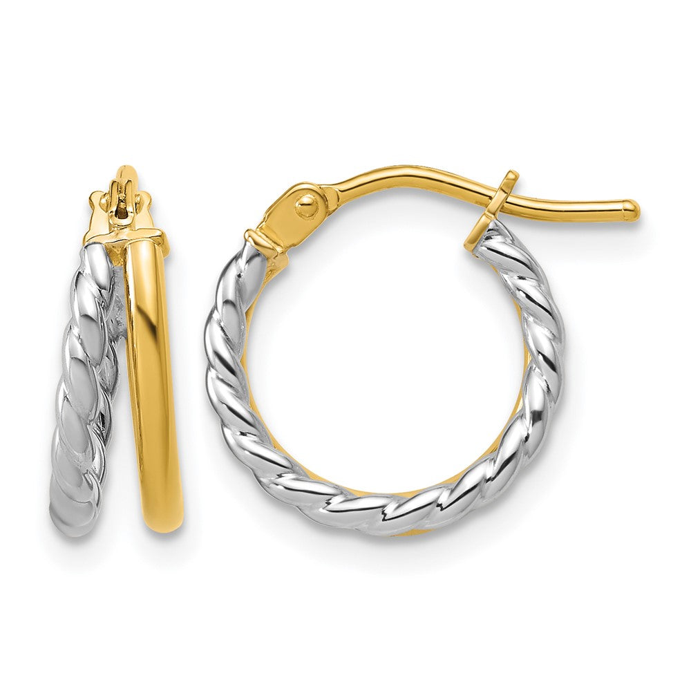 14K with Rhodium Polished and Twisted 2-row J-Hoop Earrings