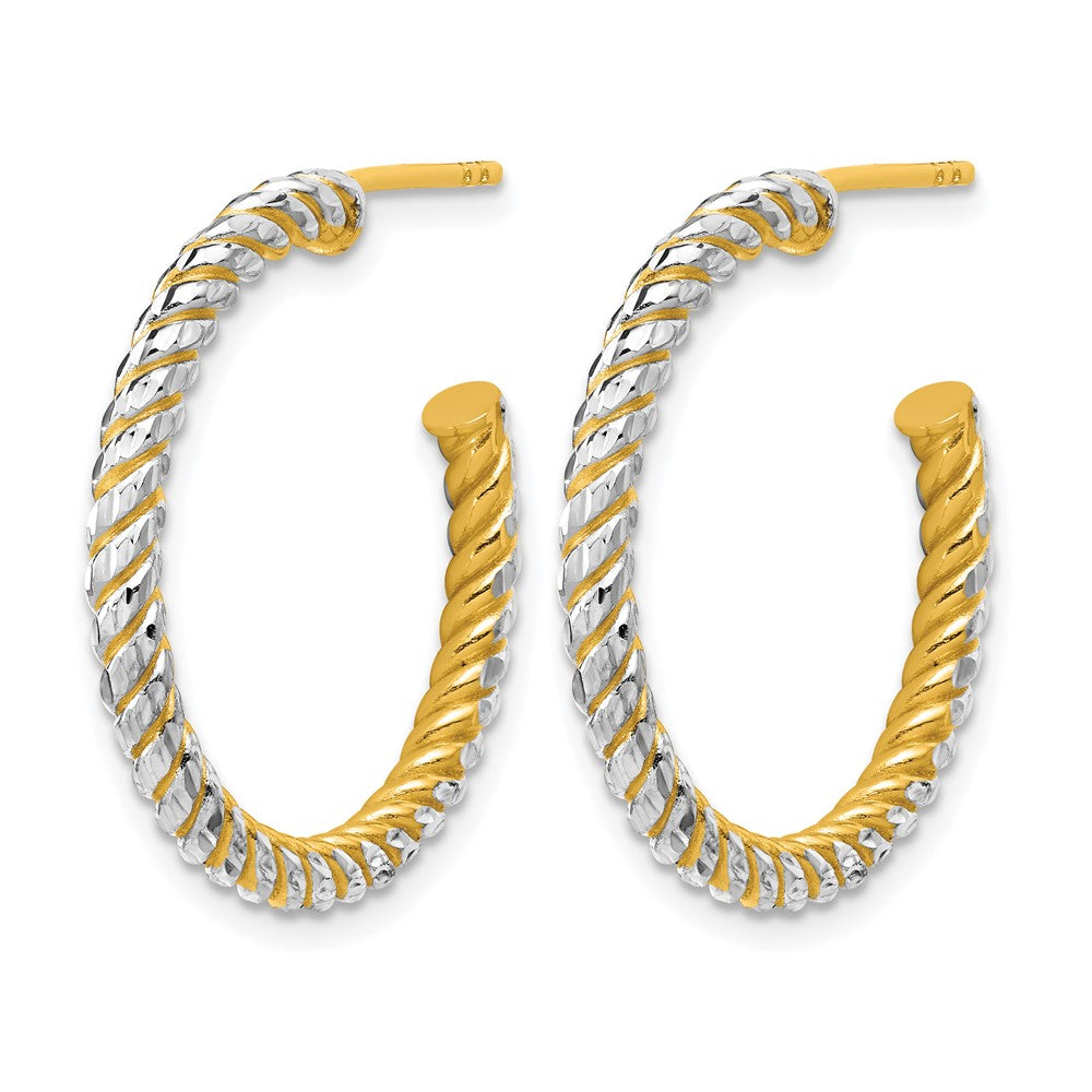 14K with Rhodium Polished and Diamond-cut J-Hoop Earrings