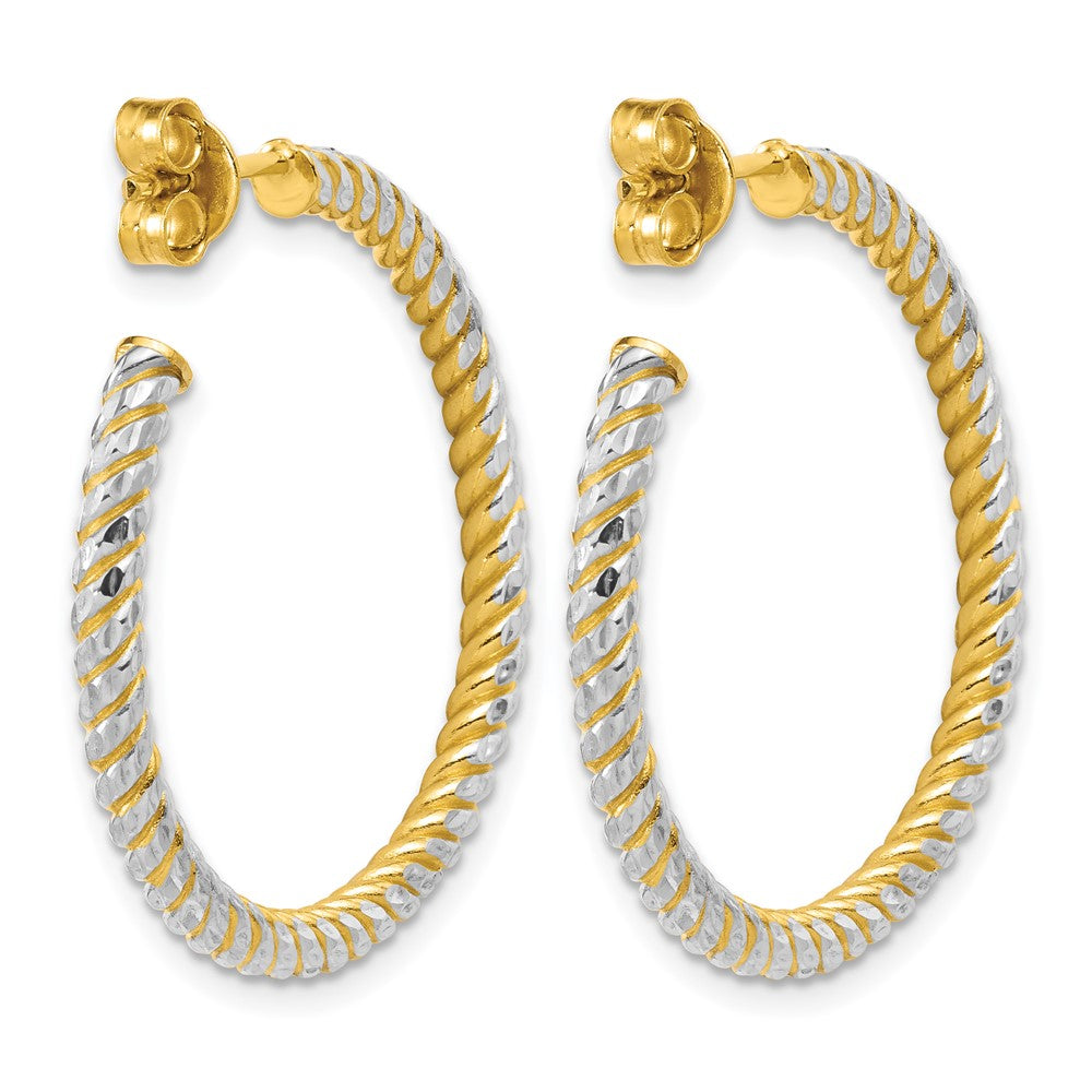 14K with Rhodium Polished and Diamond-cut J-Hoop Earrings