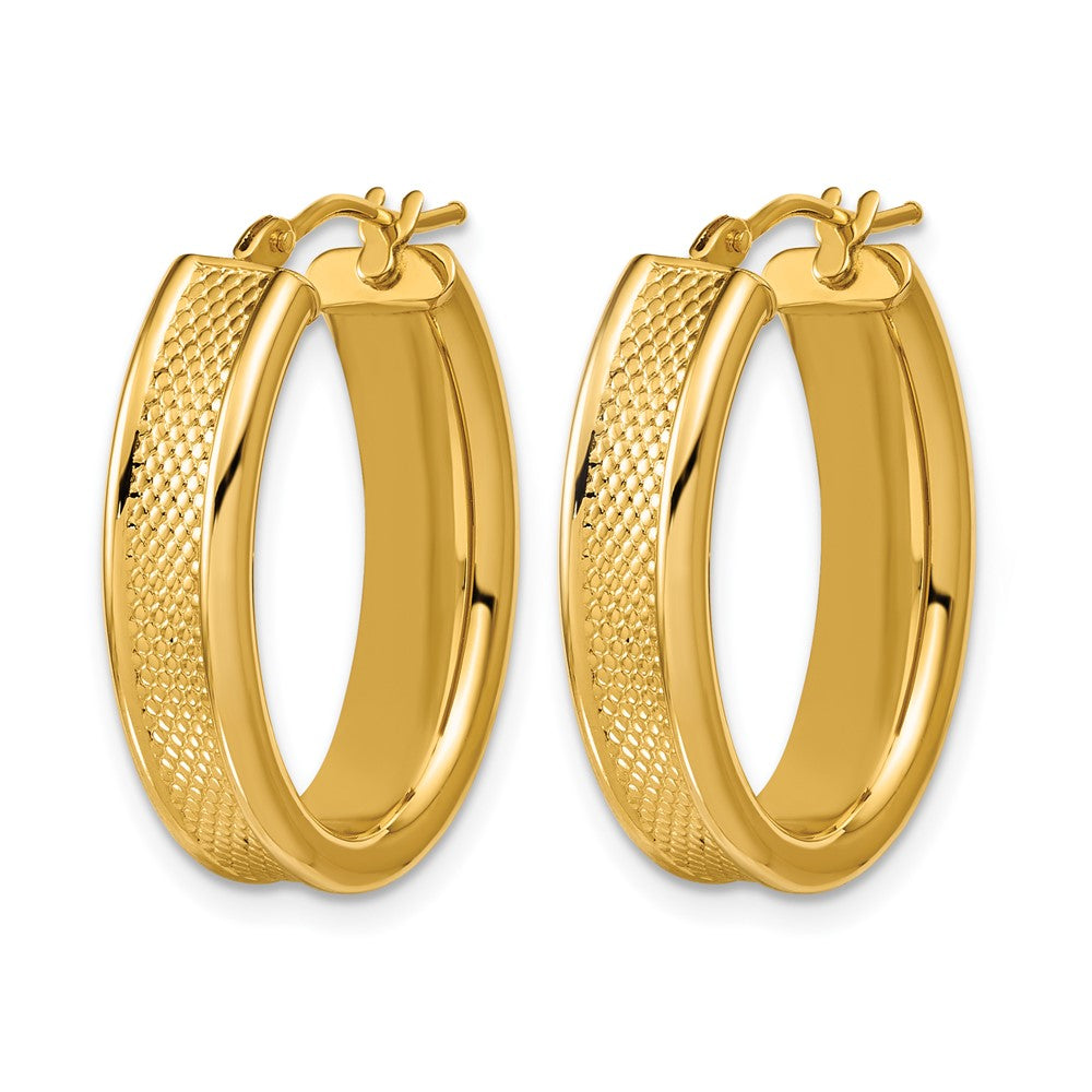 14K Polished and Textured Oval Hoop Earrings