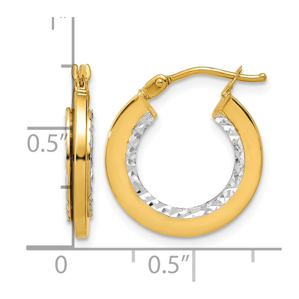 14K with White Rhodium Polished and Diamond-cut Round Hoop Earrings