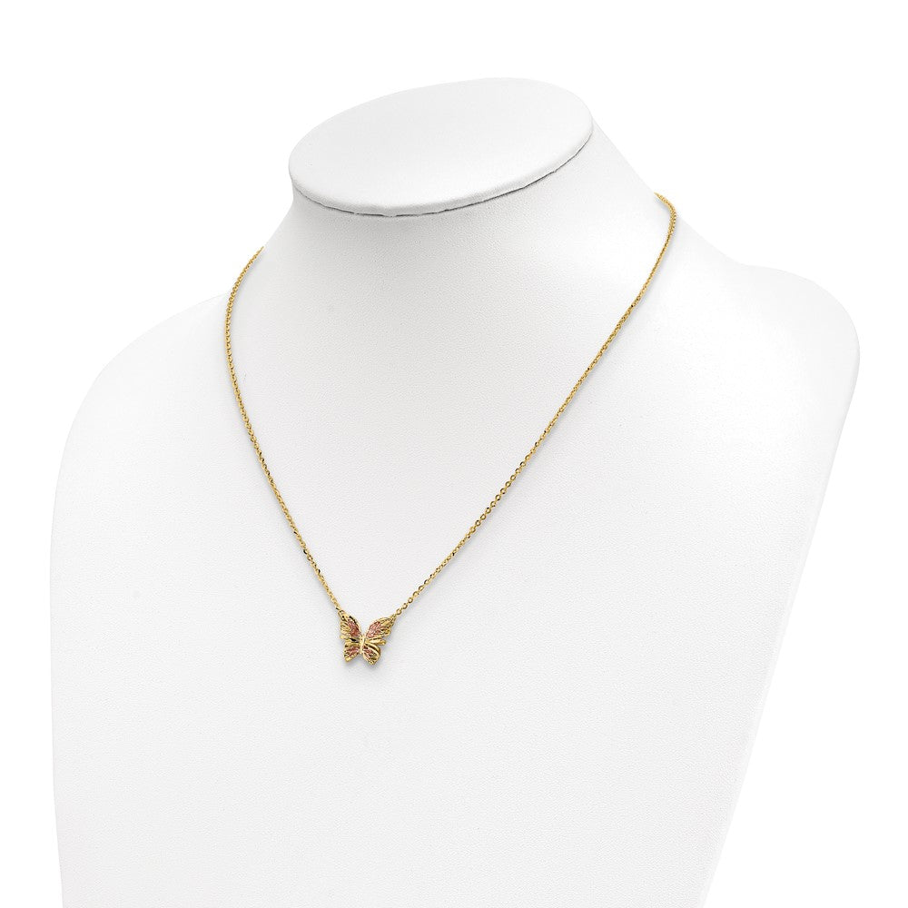 14K Polished Diamond-cut with Pink Enamel Butterfly Necklace