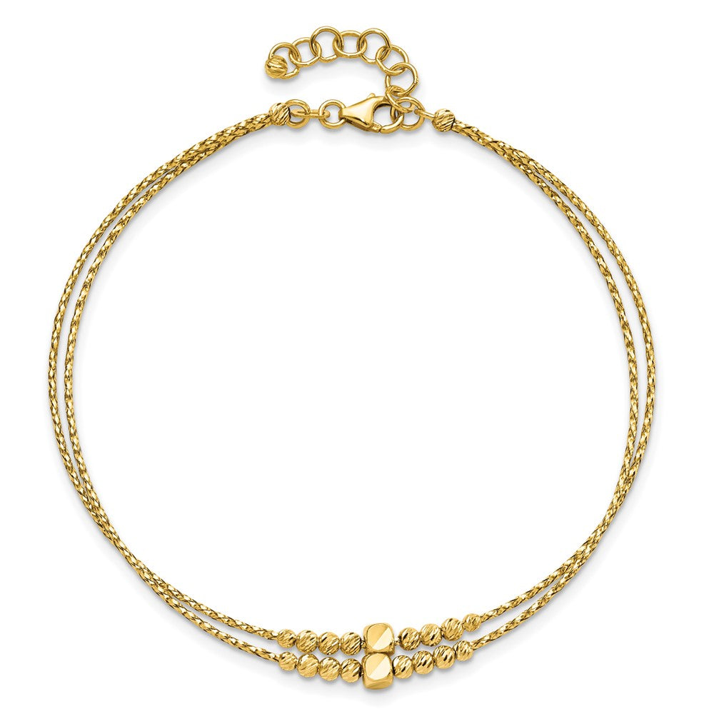 14K Polished Diamond-cut Beaded 2-strand with 1in ext Bracelet