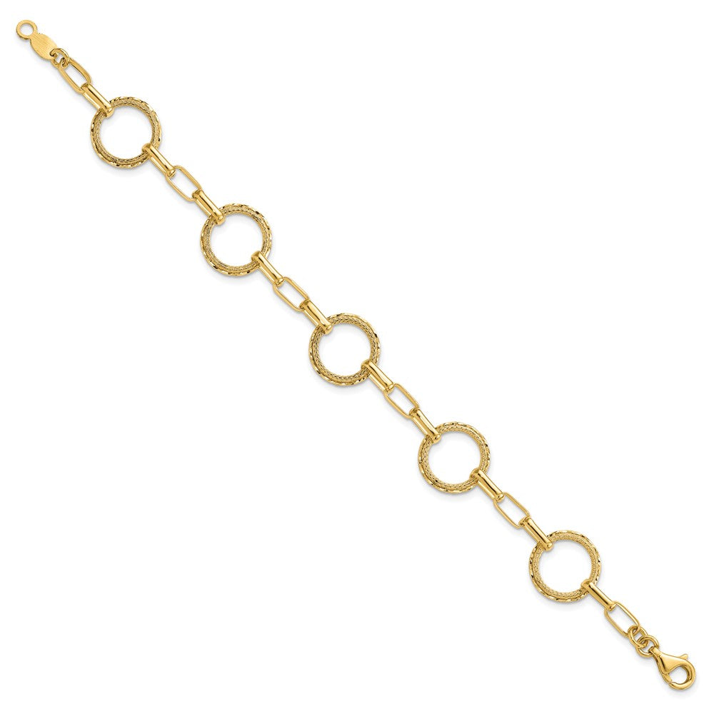 14K Polished/Dia-cut/Textured Circles Fancy Link Bracelet